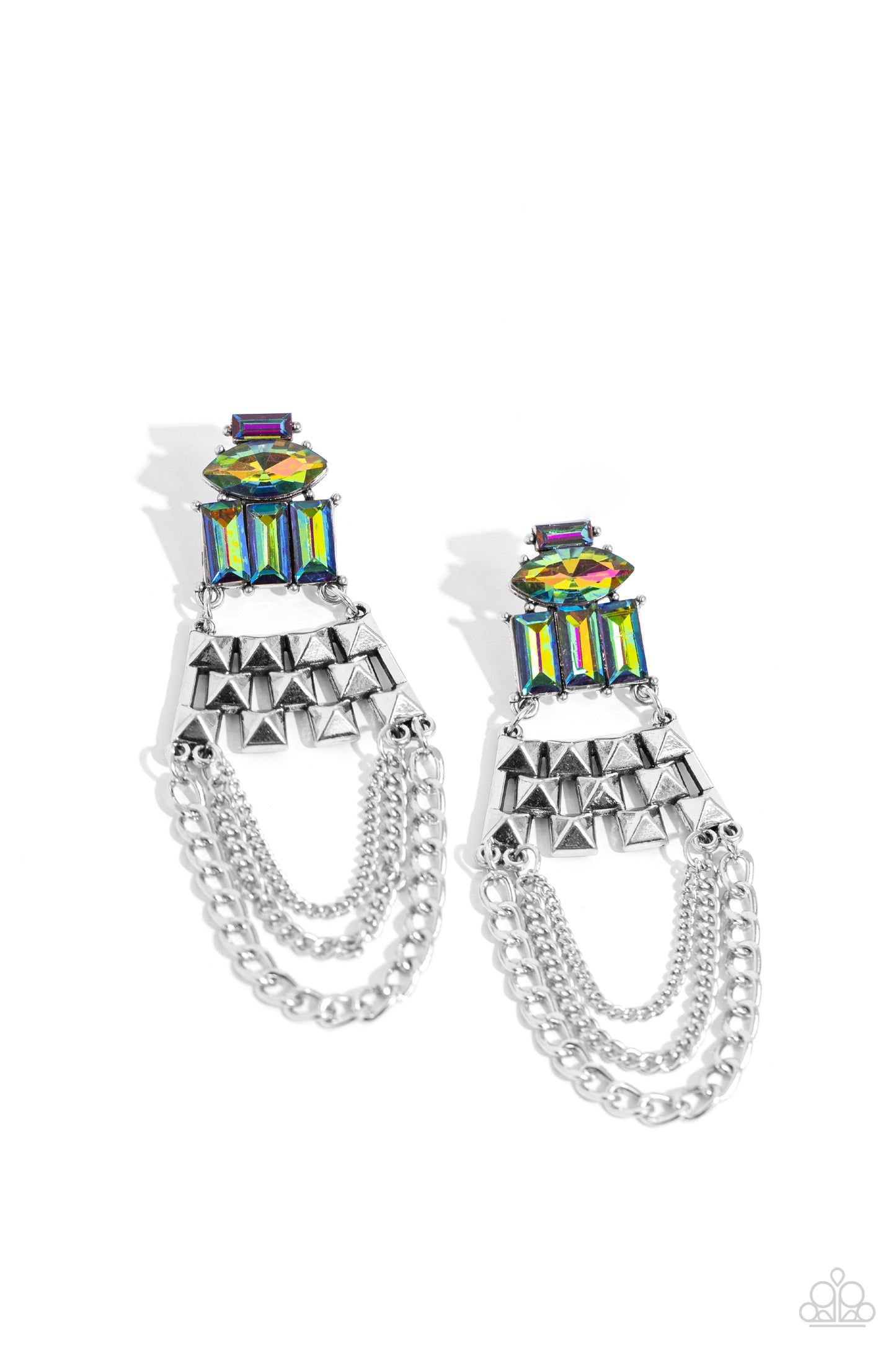 Dangling Art Deco - Multi Oil-Spill Beads/Silver Squares/Silver Chains Paparazzi Earrings