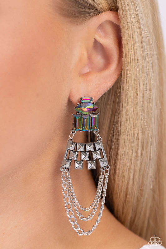 Dangling Art Deco - Multi Oil-Spill Beads/Silver Squares/Silver Chains Paparazzi Earrings
