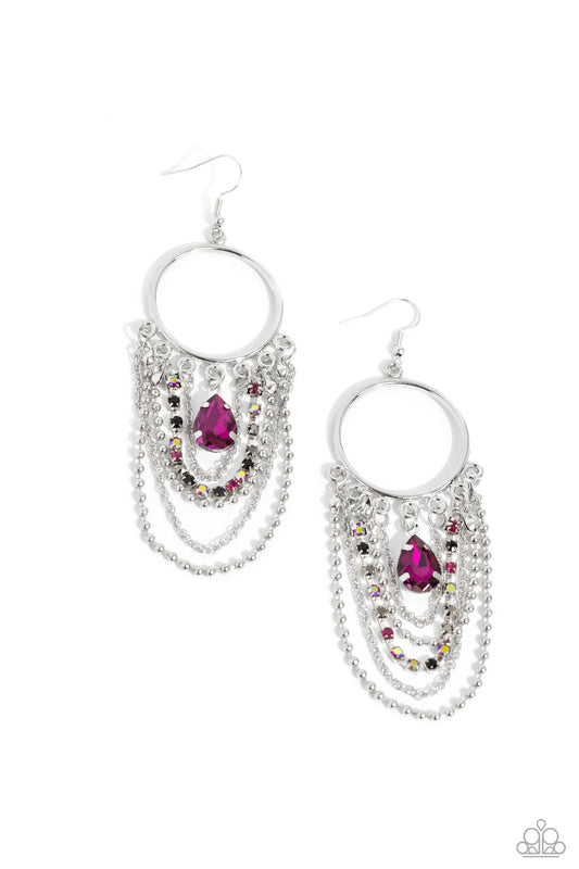 Cascading Clash - Multi Colored Rhinestones/Silver Chain Paparazzi Earrings