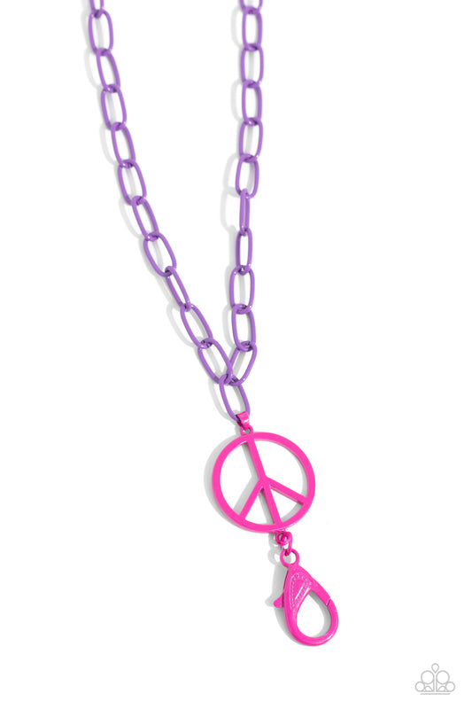 Tranquil Unity - Purple Paperclip Chain/Pink Peace Sign Paparazzi LANYARD Necklace & matching earrings