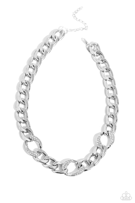 Gleaming Harmony - White Rhinestones/Silver Curb Chain Paparazzi Necklace & matching earrings