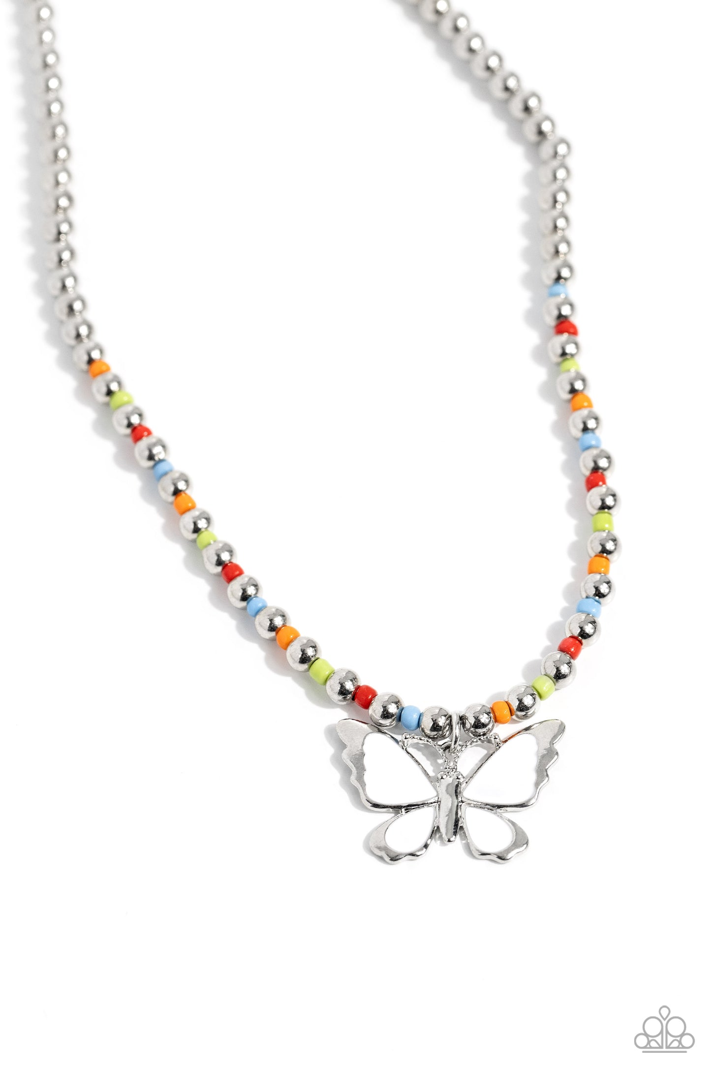 Vibrant Flutter - White Painted Butterfly Pendant/Seed Beads/Silver Beaded Paparazzi Necklace & matching earrings