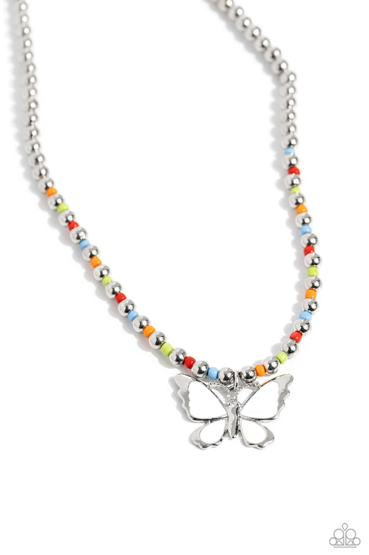 Vibrant Flutter - White Painted Butterfly Pendant/Seed Beads/Silver Beaded Paparazzi Necklace & matching earrings