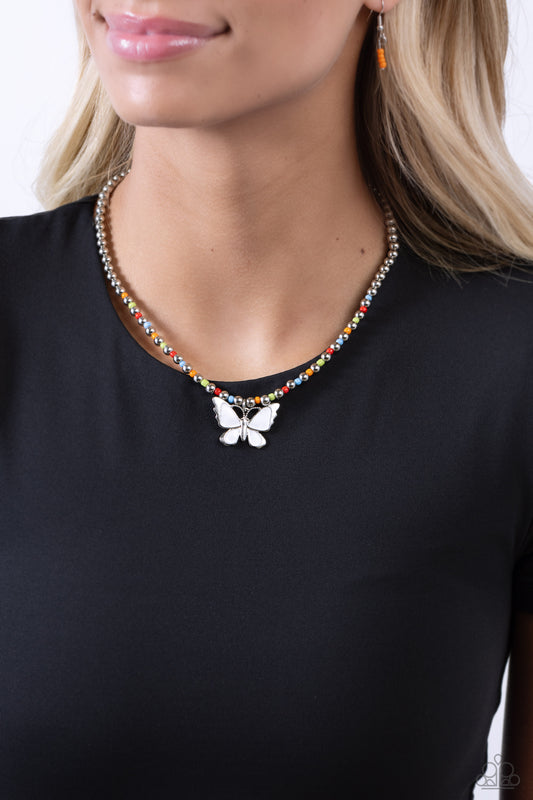 Vibrant Flutter - White Painted Butterfly Pendant/Seed Beads/Silver Beaded Paparazzi Necklace & matching earrings