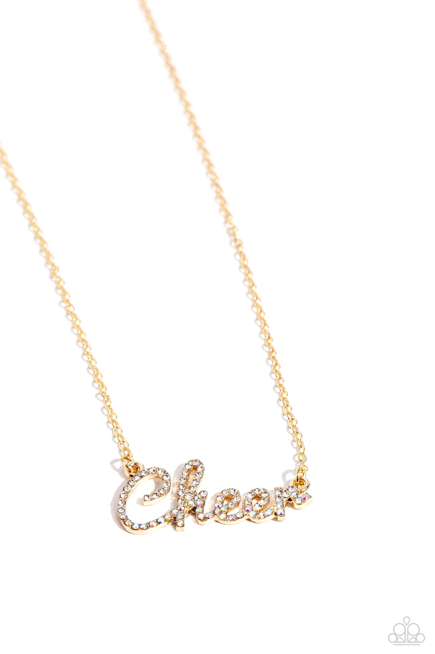 Cheer Squad - Gold "Cheer" Letters/White Rhinestones Paparazzi Necklace & matching earrings