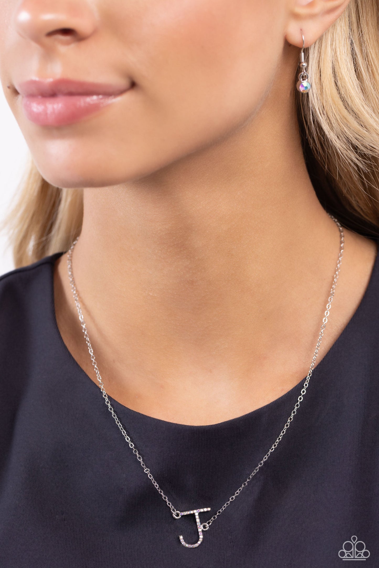 INITIALLY Yours - "J" Multi Iridescent Rhinestone Pendant Paparazzi Necklace & matching earrings