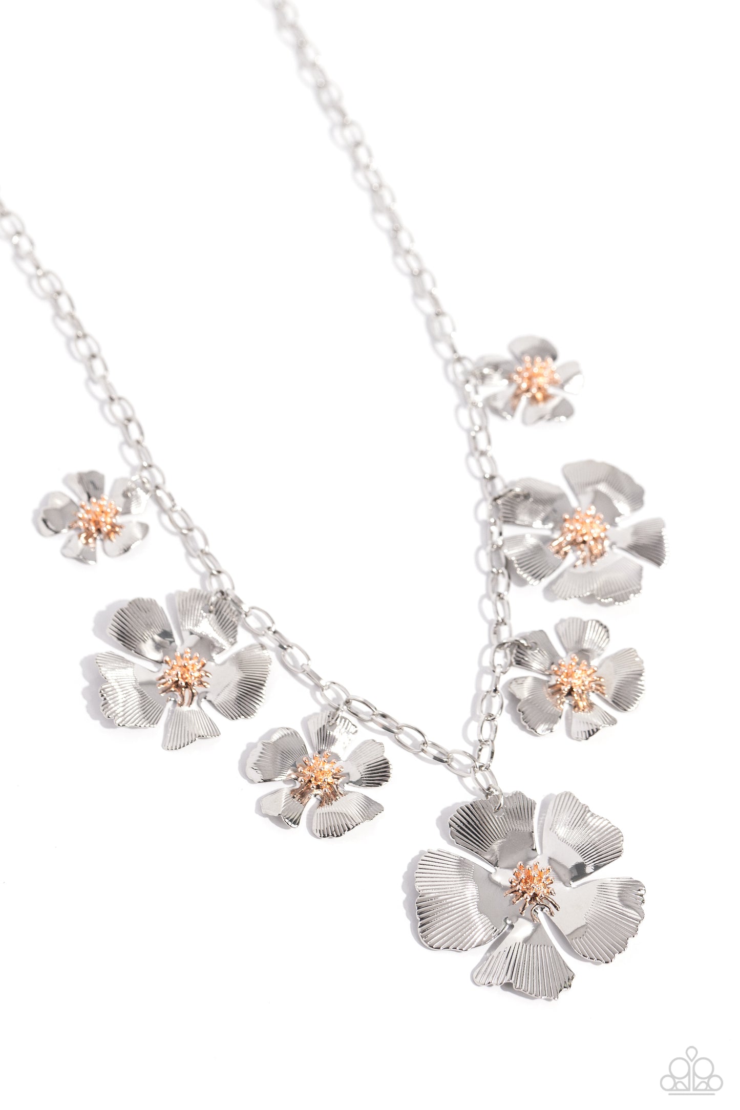 Prideful Pollen - Silver Textured Floral Frames/Rose Gold Centers Paparazzi Necklace & matching earrings