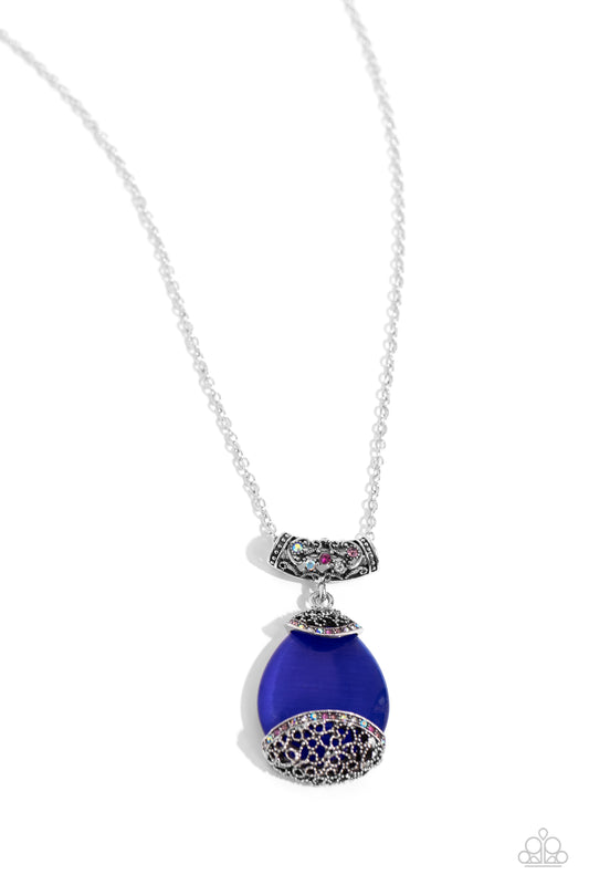 Hypnotic Headliner - Multi Colored Rhinestones/Blue Cat's Eye Pendant Paparazzi Necklace and matching earrings