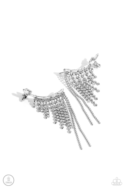 Tapered Tease - White Rhinestone & Popcorn Chain Fringe Paparazzi Ear Crawler Earrings