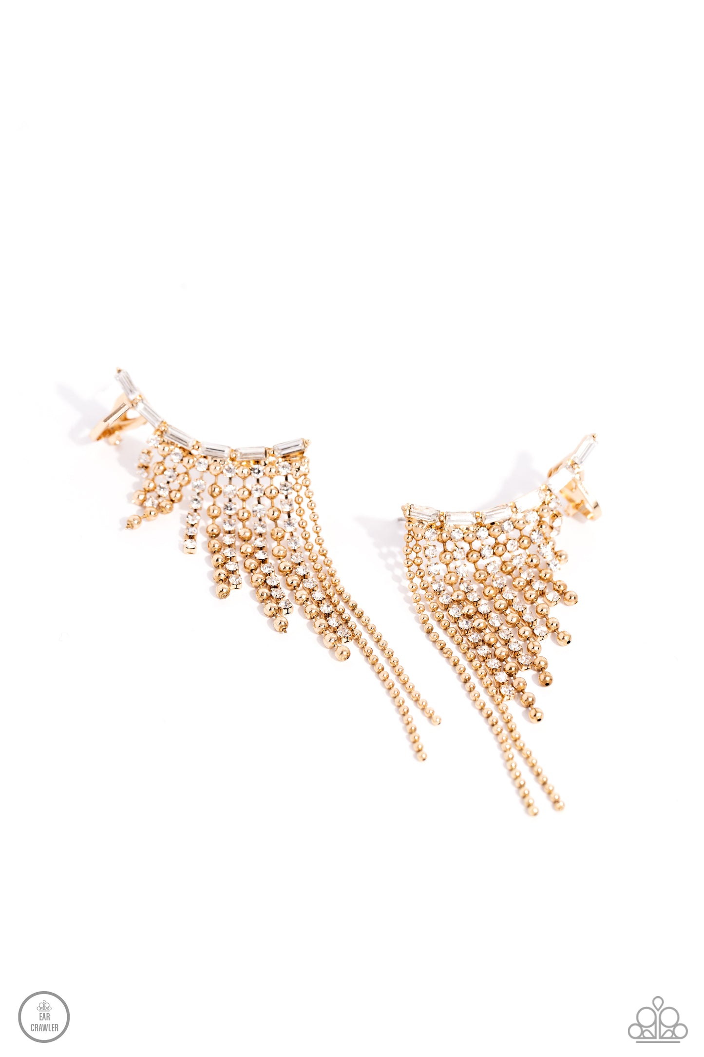 Tapered Tease - Gold & White Rhinestone Tassel Paparazzi Ear Crawler Earrings