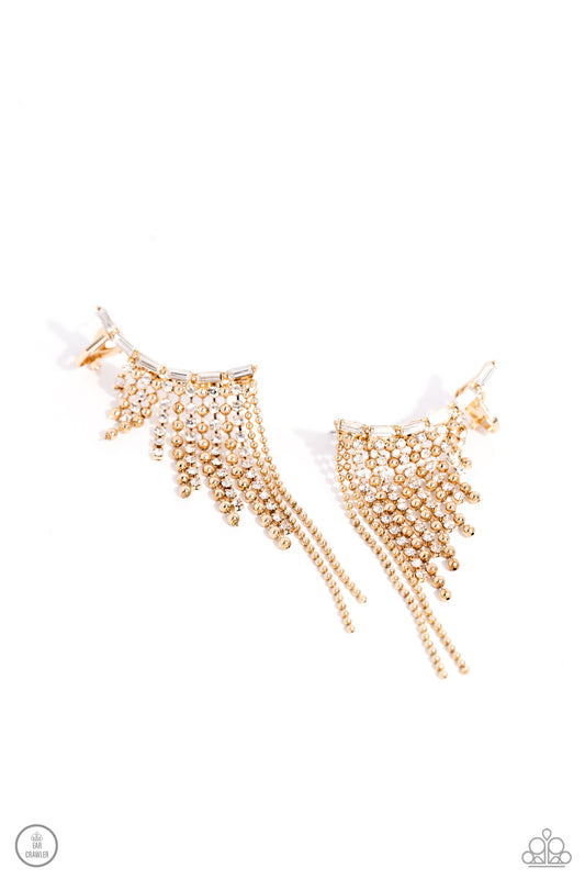 Tapered Tease - Gold & White Rhinestone Tassel Paparazzi Ear Crawler Earrings