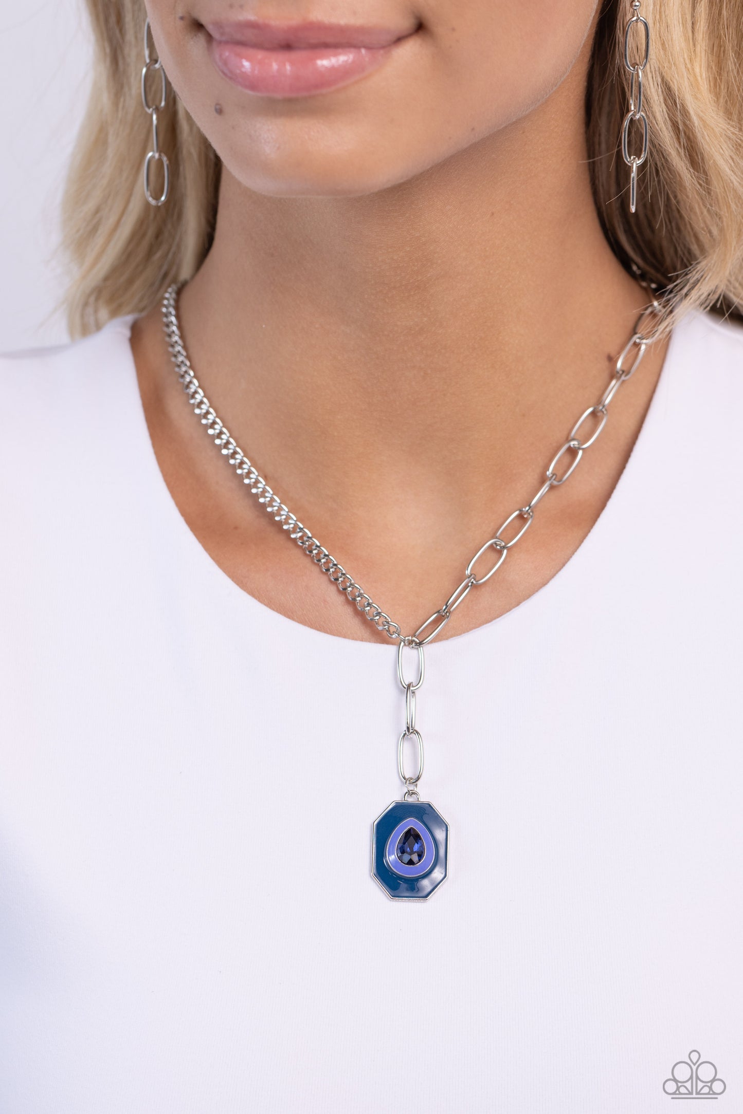 Hexagonal Hallmark - Blue Painted Pendant Paparazzi Necklace & matching earrings