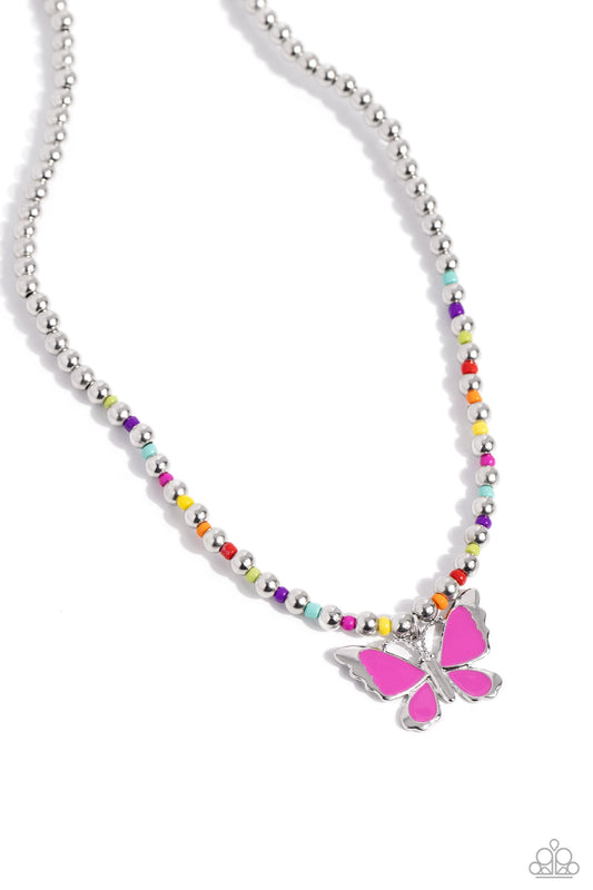 Vibrant Flutter - Multi Colored Seed Beads/Pink Butterfly Paparazzi Necklace & matching earrings