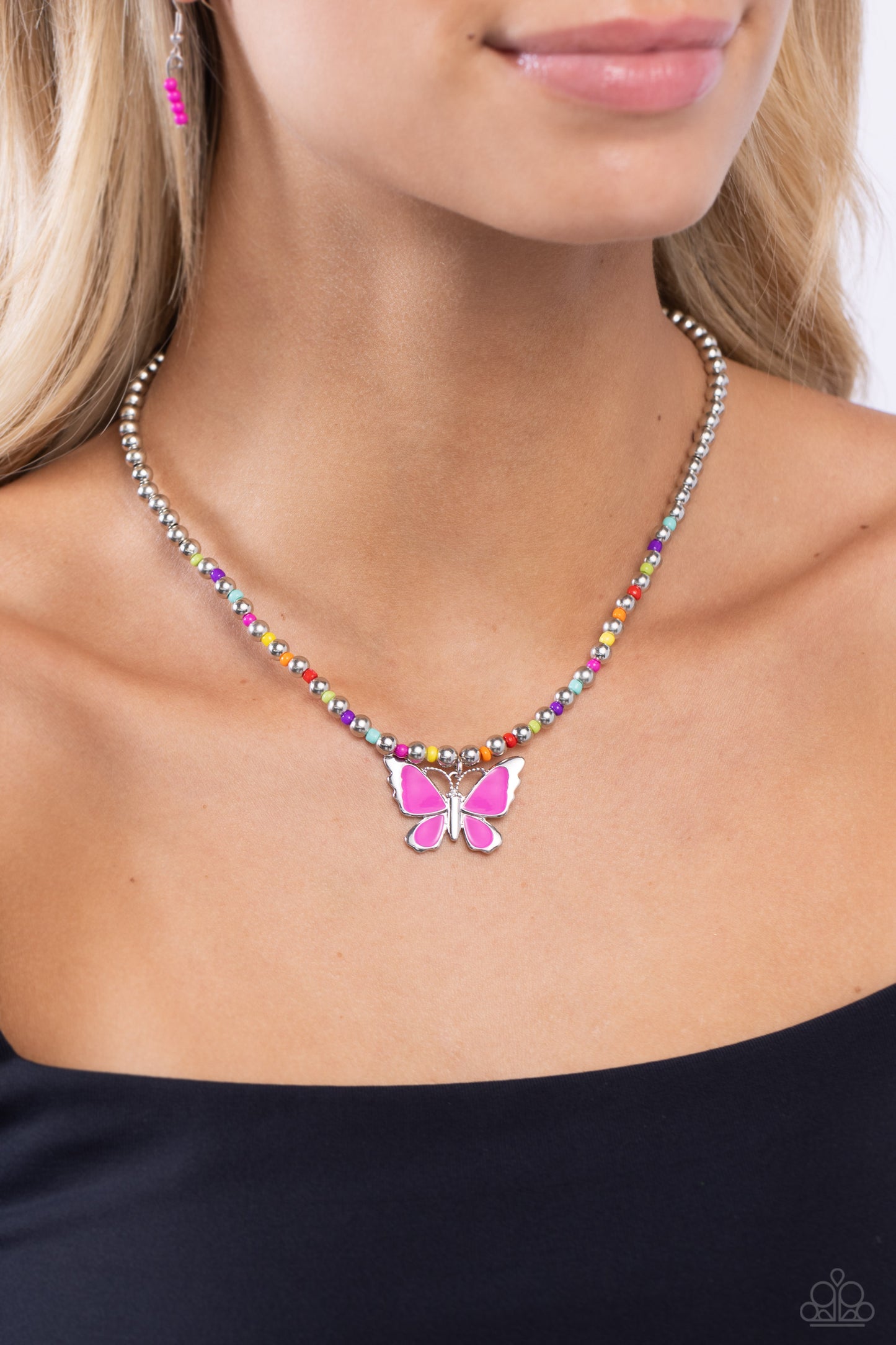 Vibrant Flutter - Multi Colored Seed Beads/Pink Butterfly Paparazzi Necklace & matching earrings