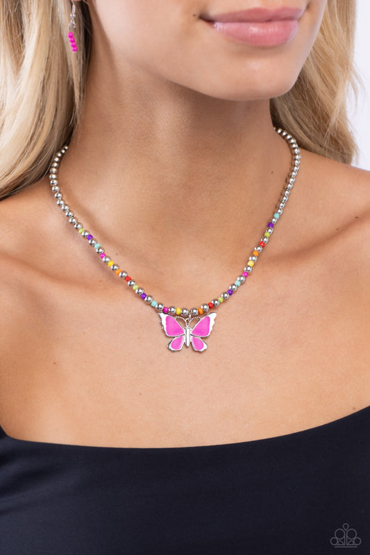 Vibrant Flutter - Multi Colored Seed Beads/Pink Butterfly Paparazzi Necklace & matching earrings