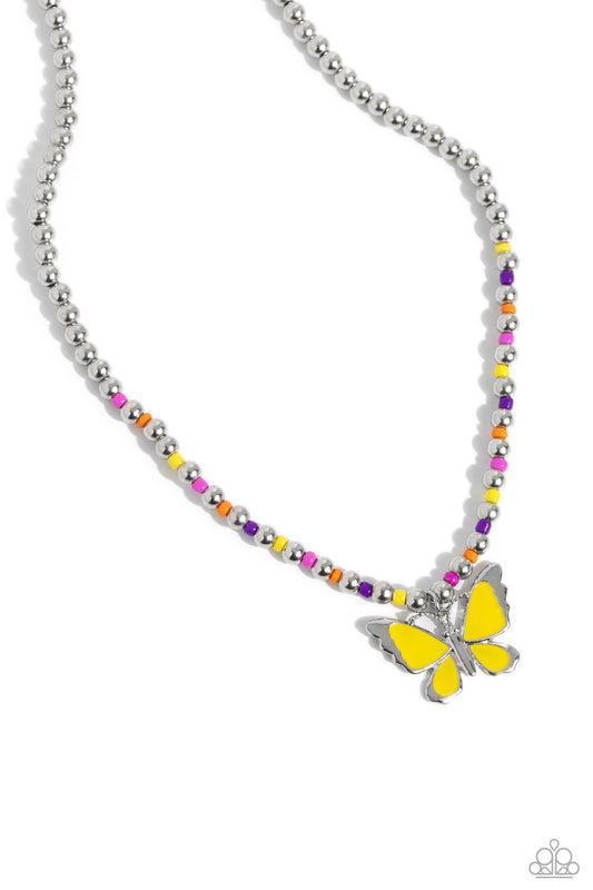 Vibrant Flutter - Yellow Painted Butterfly/Seed Bead/Silver Bead Paparazzi Necklace & matching earrings