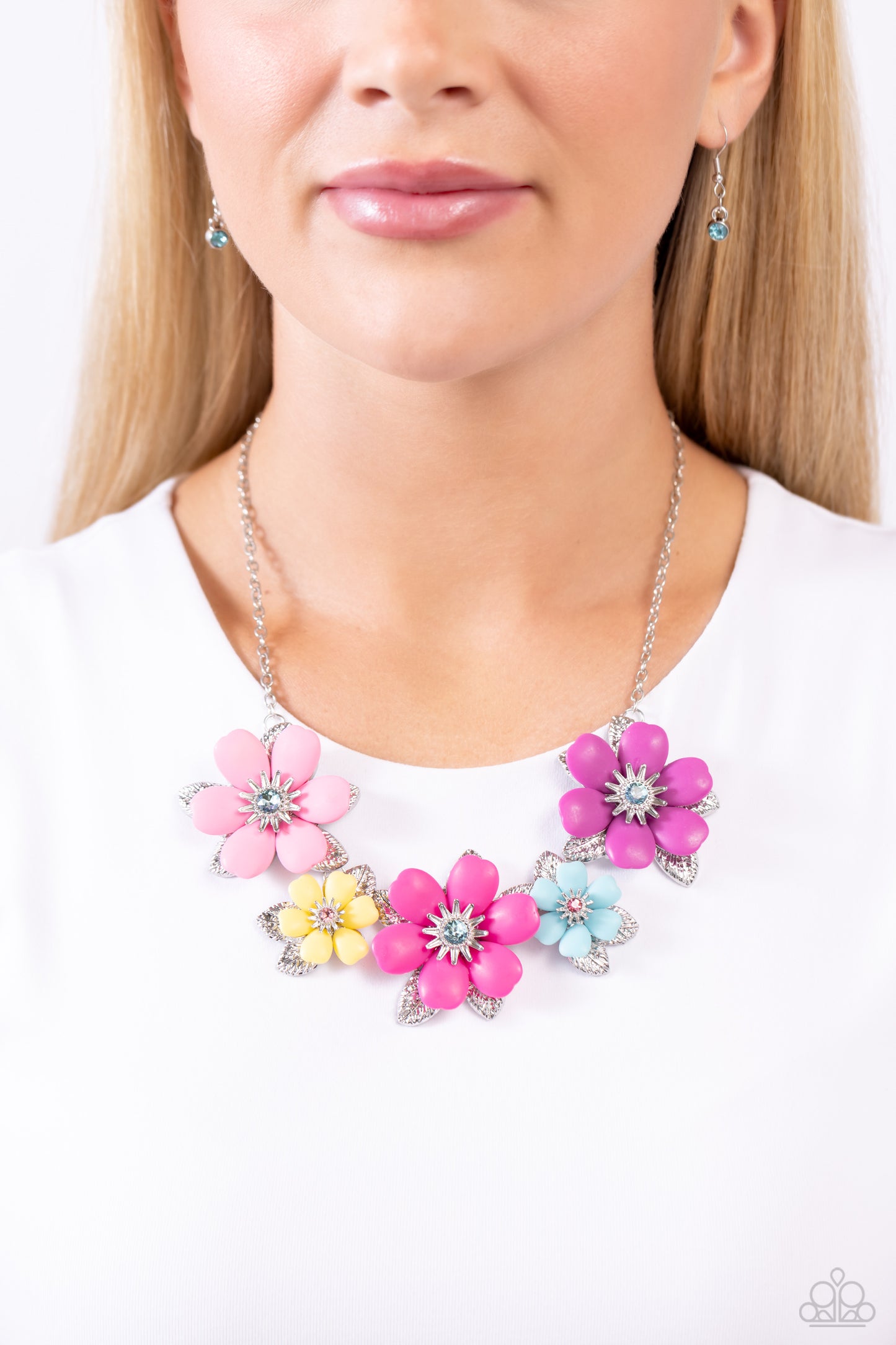 Well-Mannered Whimsy - Multi Colored Flower/Multi Colored Rhinestone Paparazzi Necklace & matching earrings