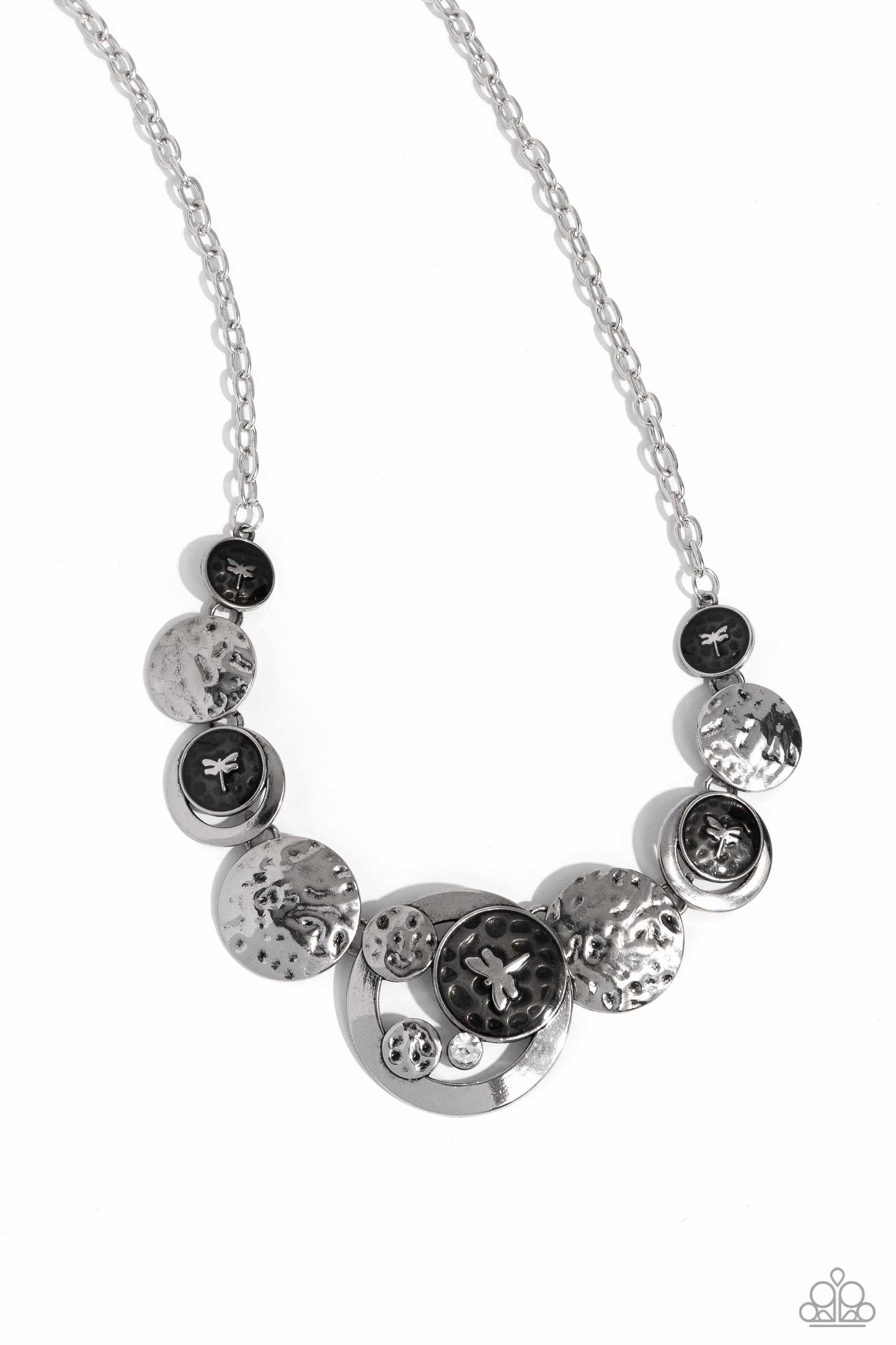 Dragonfly Design - Black Backdrop/Silver Dragonfly Discs Paparazzi Necklace & matching earrings