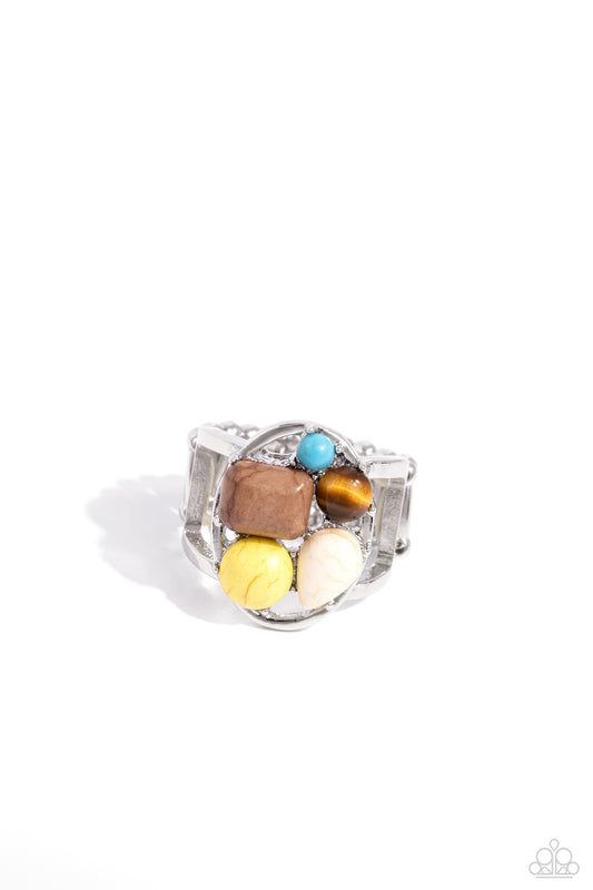 Crafted Collection - Brown Tiger's Eye, Turquoise, White, & Yellow Stones Paparazzi Ring