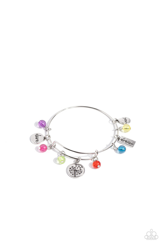 Dedicated Dandelion - Multi Colored Beads/Stamped Silver Charms Paparazzi Bangle Bracelet