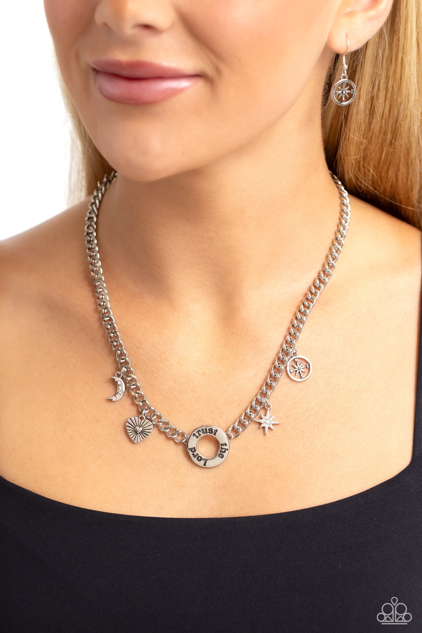 Trust in Miracles - White Rhinestones/Silver Charms Paparazzi Necklace & matching earrings