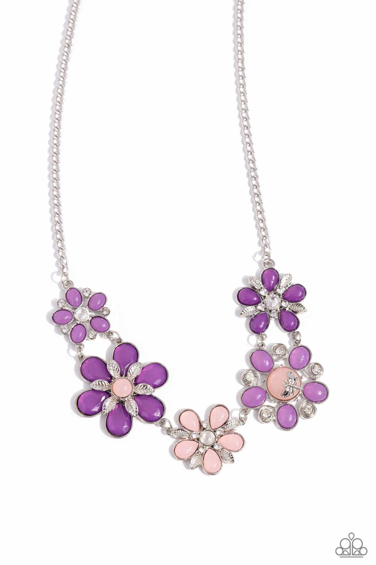Dragonfly Decadence - Purple Beaded Flowers/Silver Dragonfly Paparazzi Necklace & matching earrings