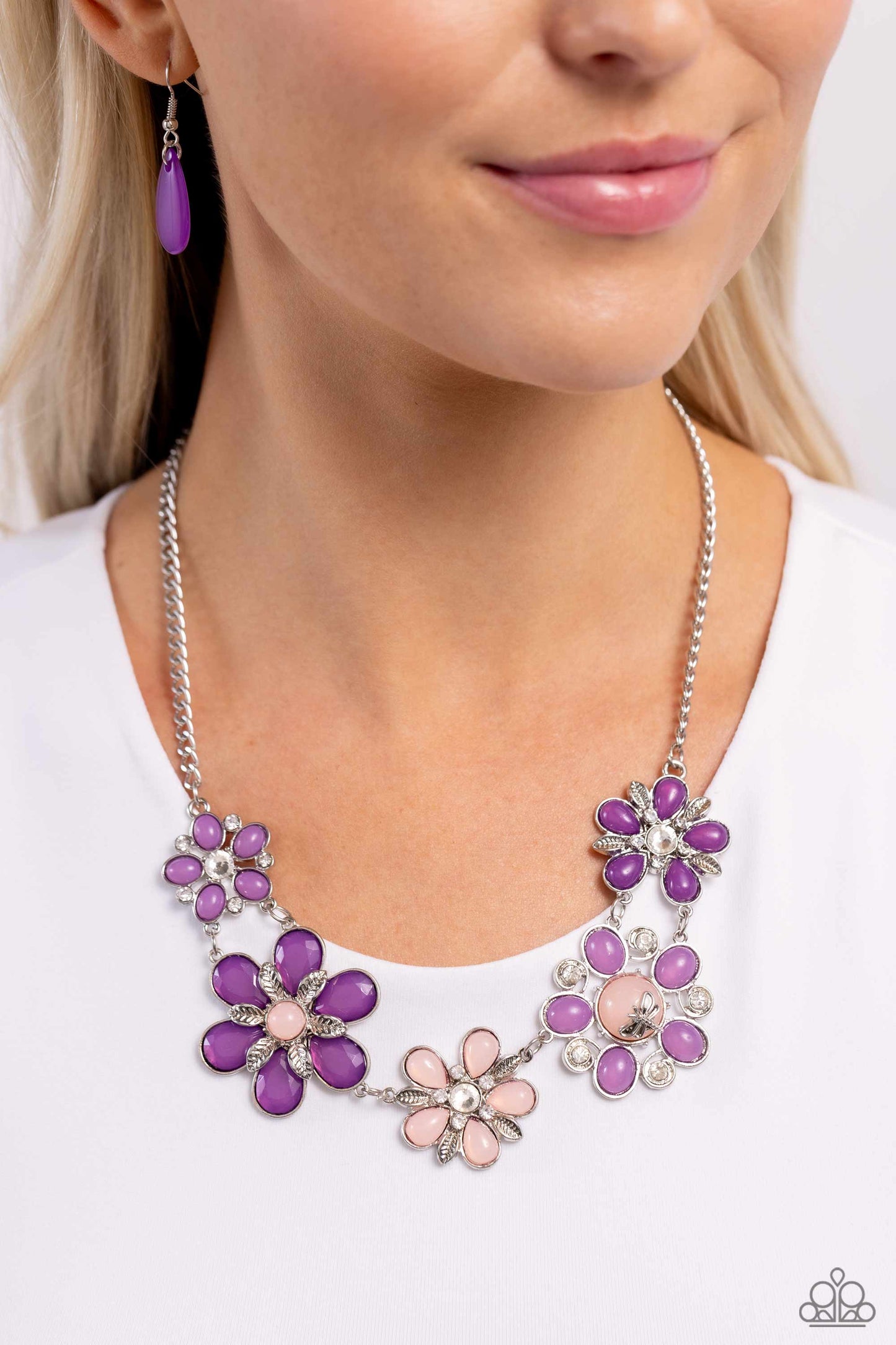 Dragonfly Decadence - Purple Beaded Flowers/Silver Dragonfly Paparazzi Necklace & matching earrings
