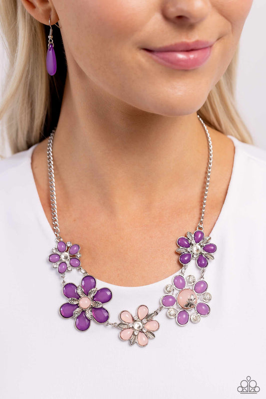 Dragonfly Decadence - Purple Beaded Flowers/Silver Dragonfly Paparazzi Necklace & matching earrings