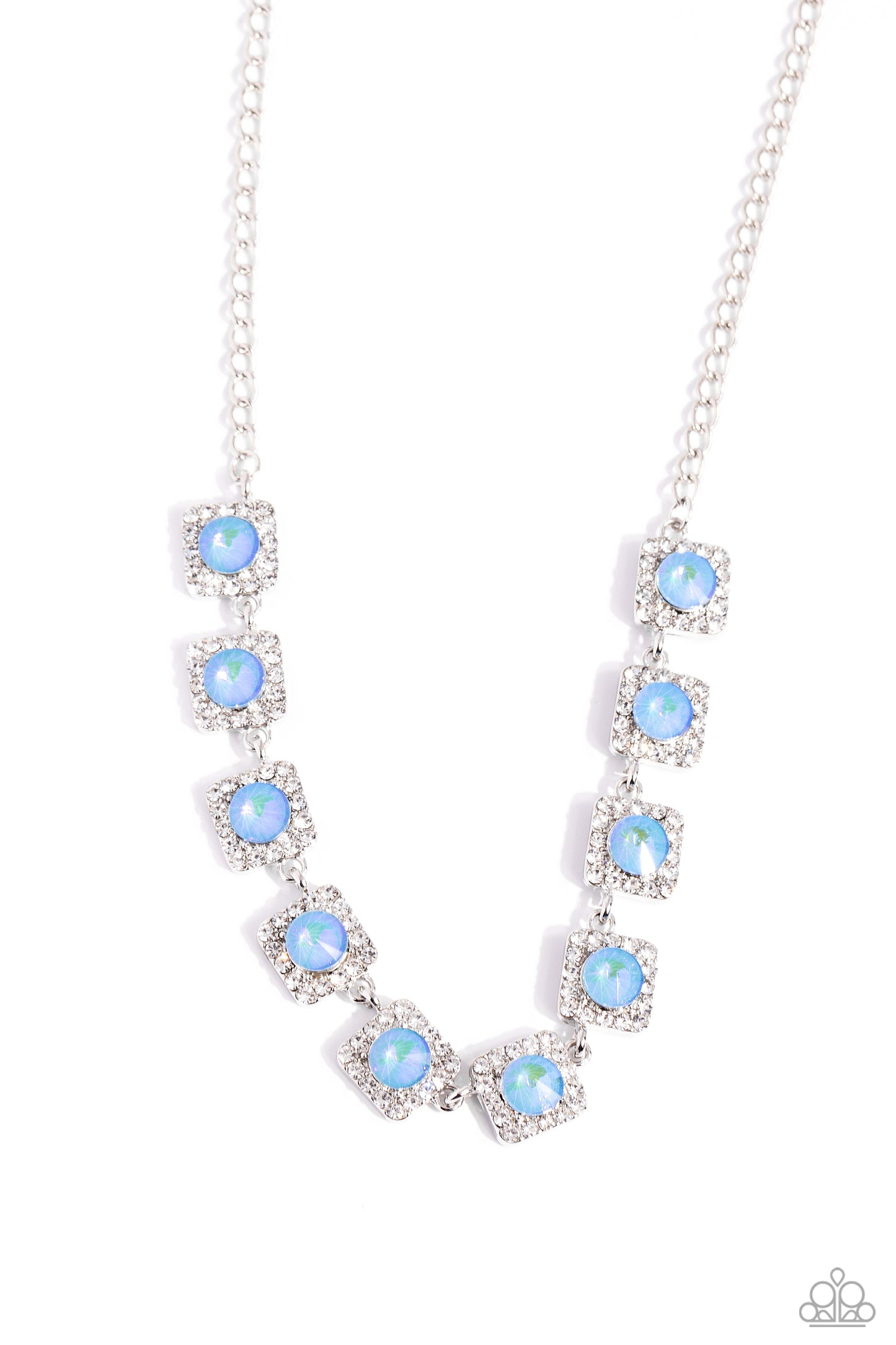Jump SQUARE - Blue UV Gems/White Rhinestone Paparazzi Necklace & matching earrings
