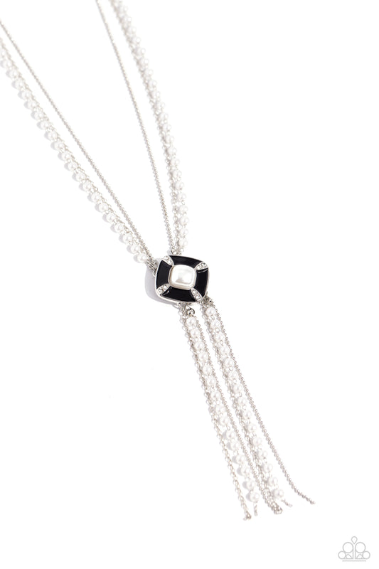 I Pinky SQUARE - Black/White Rhinestone/White Pearl Square Pendant Paparazzi Necklace & matching earrings