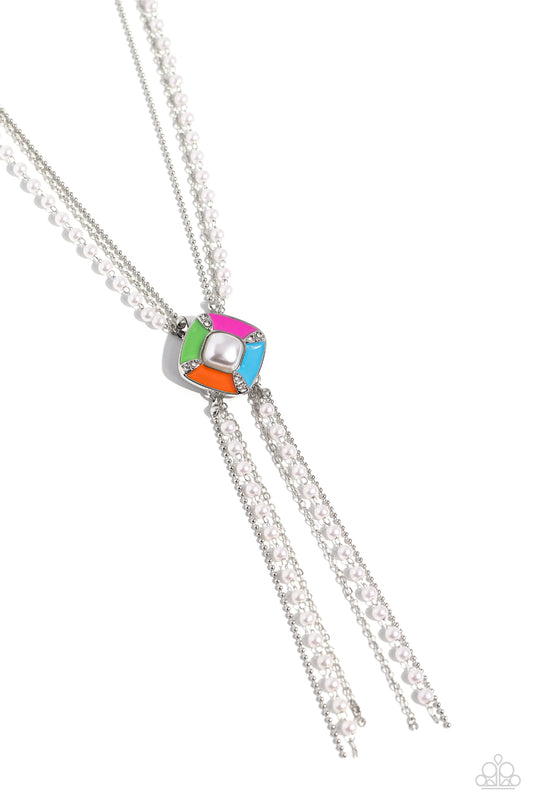 I Pinky SQUARE - Multi Colored Square Pendant/Silver Chain/Pearl Chain Paparazzi Necklace & matching earrings