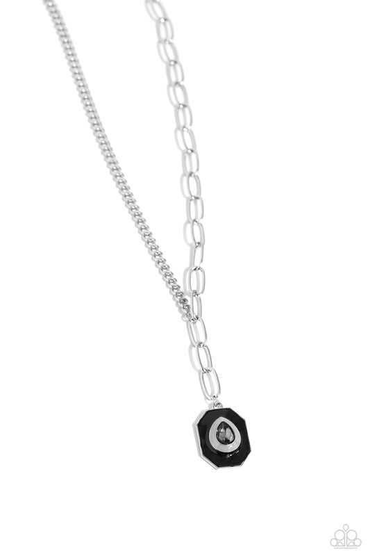 Hexagonal Hallmark - Silver Rhinestone/Black & Silver Painted Pendant Paparazzi necklace/matching earrings