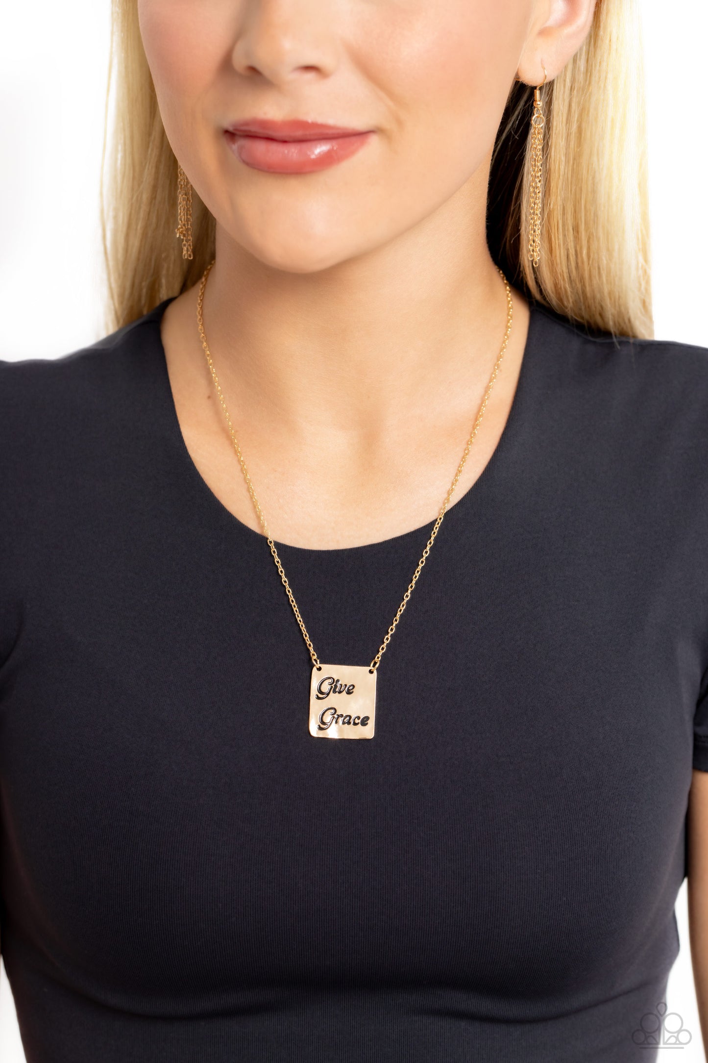 Give Grace - Gold "Give Grace" Stamped Pendant Paparazzi Necklace & matching earrings