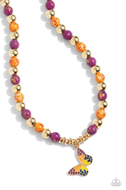 Speckled Story - Orange/Purple/Gold Beads & Multicolored Butterfly Paparazzi Necklace & matching earrings