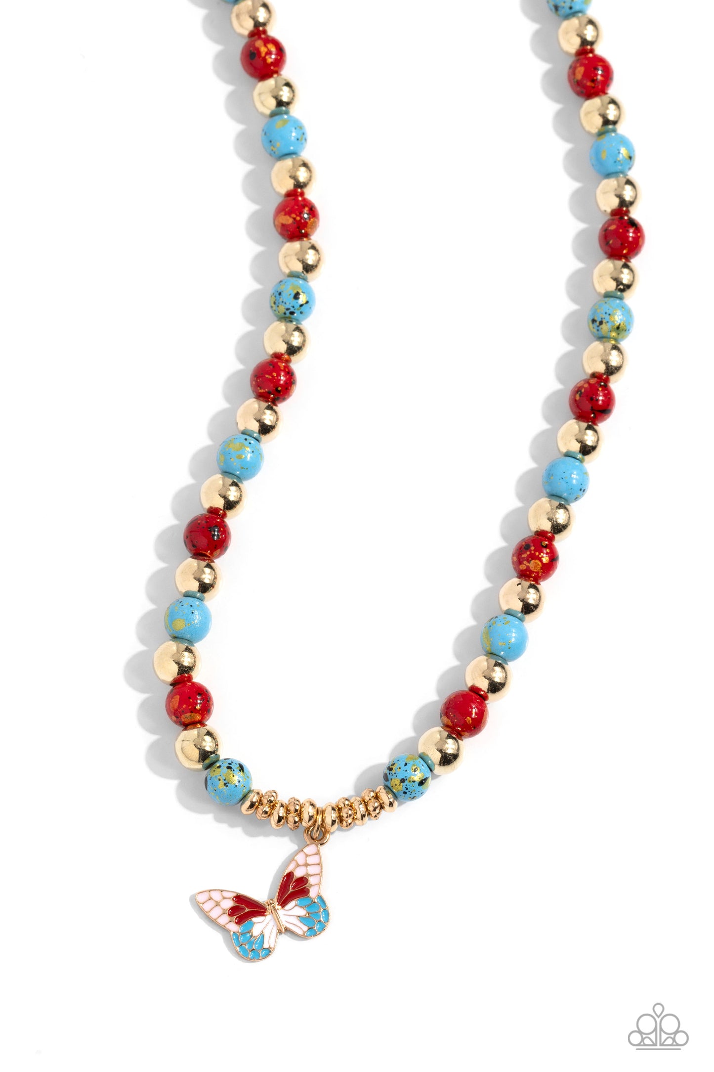 Speckled Story - Red/Blue/Gold Beads/Red Butterfly Pendant Paparazzi Necklace & matching earrings