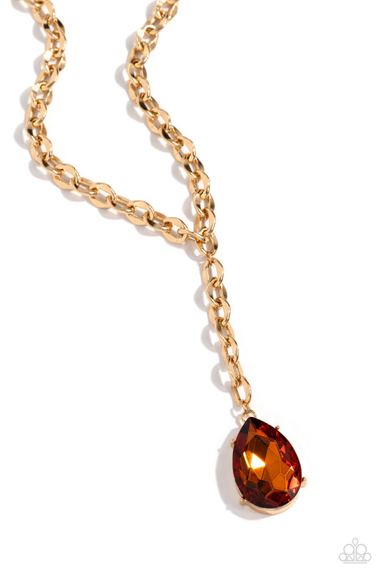 Benevolent Bling - Gold Abstract Ring Chain/Topaz Faceted Gem Pendant Paparazzi Necklace & matching earrings