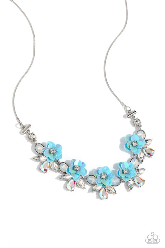 Ethereally Enamored - White Rhinestones/Iridescent Rhinestones/Blue Iridescent Flowers Paparazzi Necklace & matching earrings