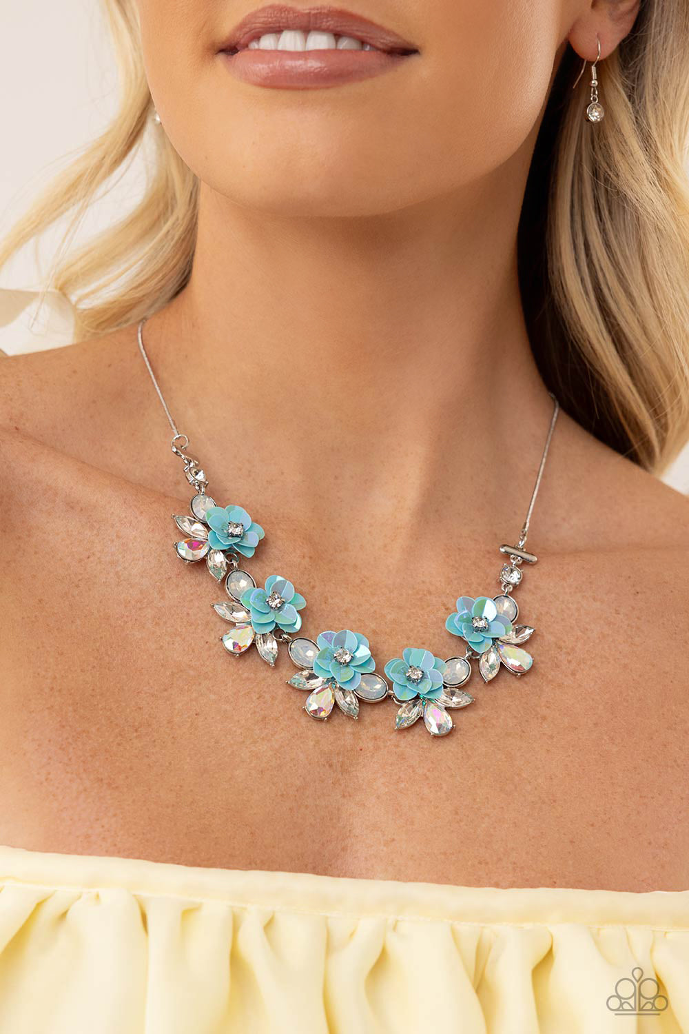 Ethereally Enamored - White Rhinestones/Iridescent Rhinestones/Blue Iridescent Flowers Paparazzi Necklace & matching earrings