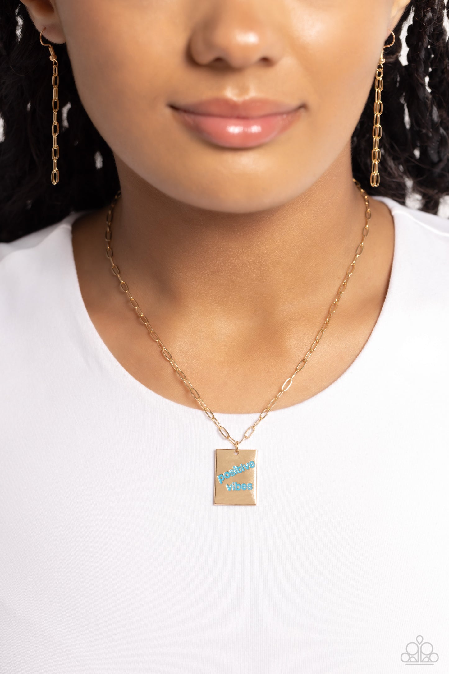Optimistic Vibes - Blue Stamped "Positive Vibes" Pendant Paparazzi Necklace & matching earrings