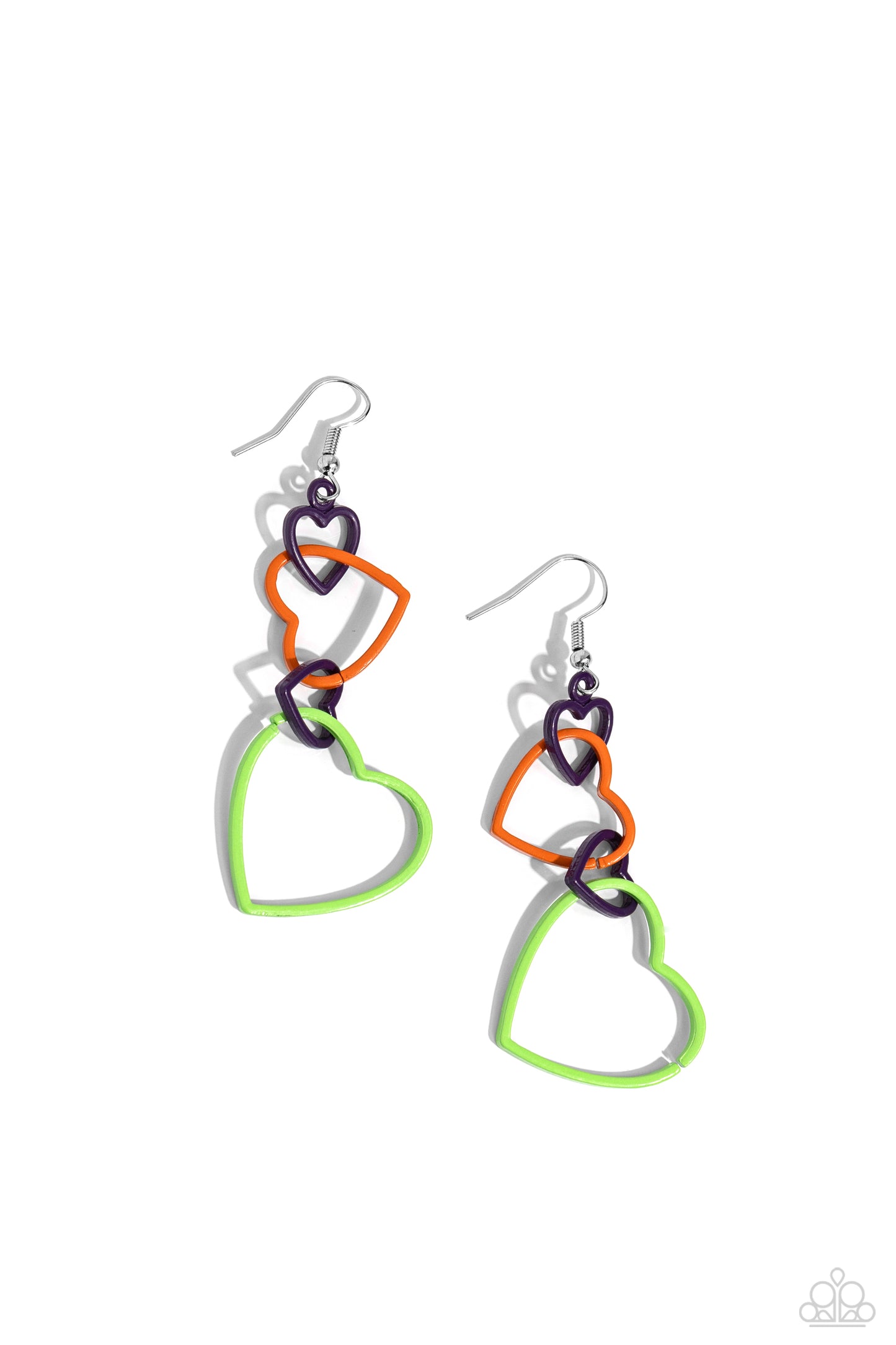Cascading Crush - Multi Green, Purple, & Orange Heart Frames Paparazzi Earrings