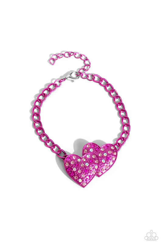 Lovestruck Lineup - Pink Metallic Hearts & Iridescent Rhinestones Paparazzi Adjustable Bracelet