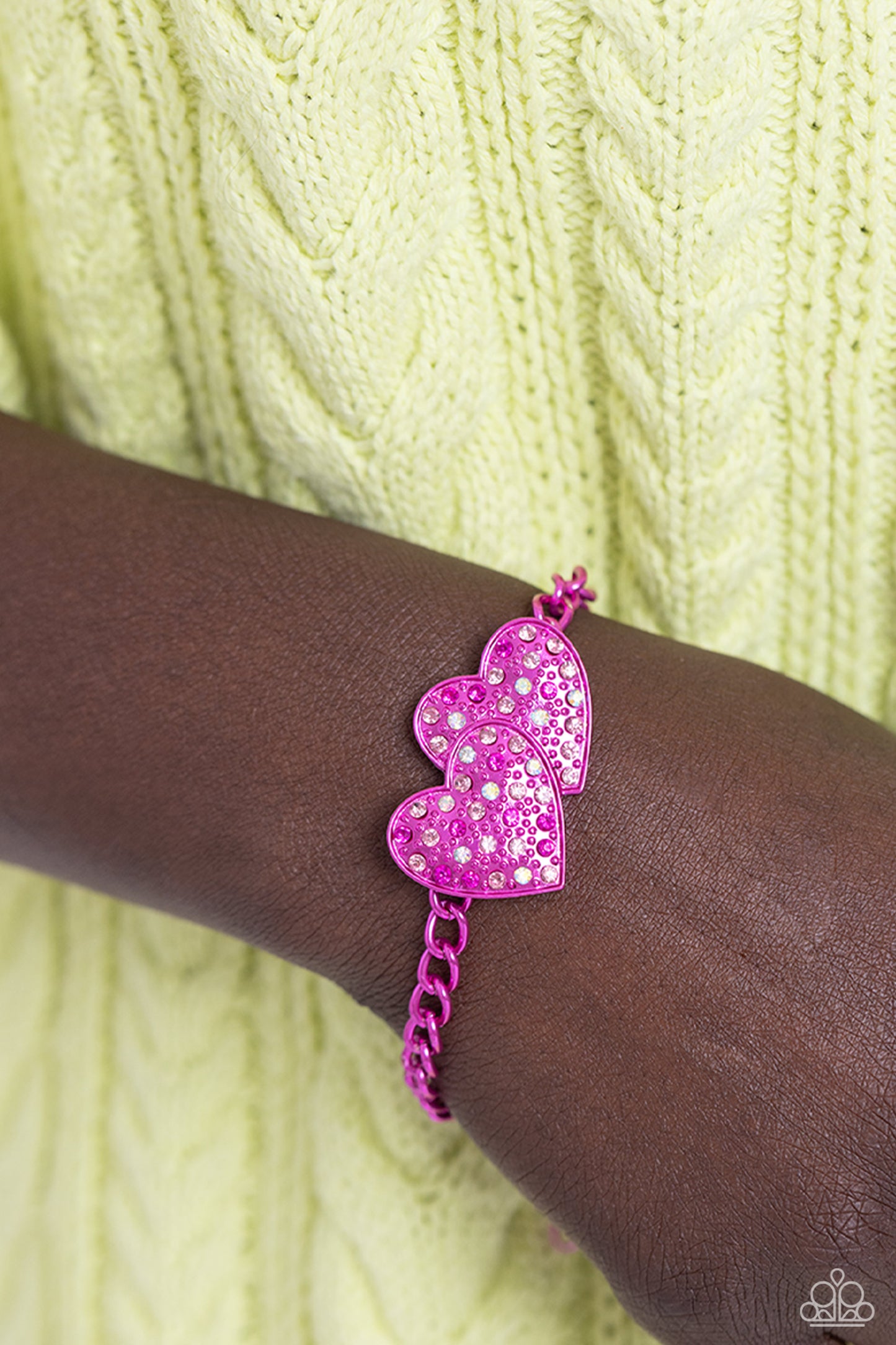 Lovestruck Lineup - Pink Metallic Hearts & Iridescent Rhinestones Paparazzi Adjustable Bracelet