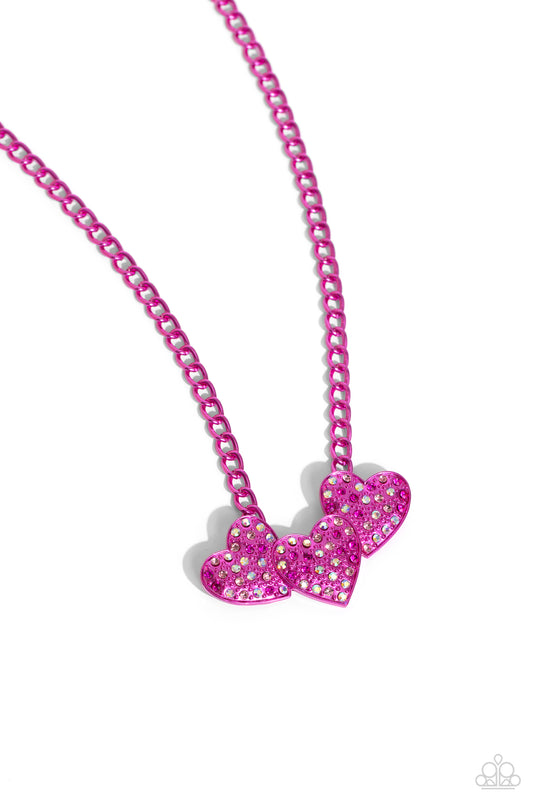 Low-Key Lovestruck - Pink Metallic Heart Frames/Iridescent Rhinestones Paparazzi Necklace & matching earrings