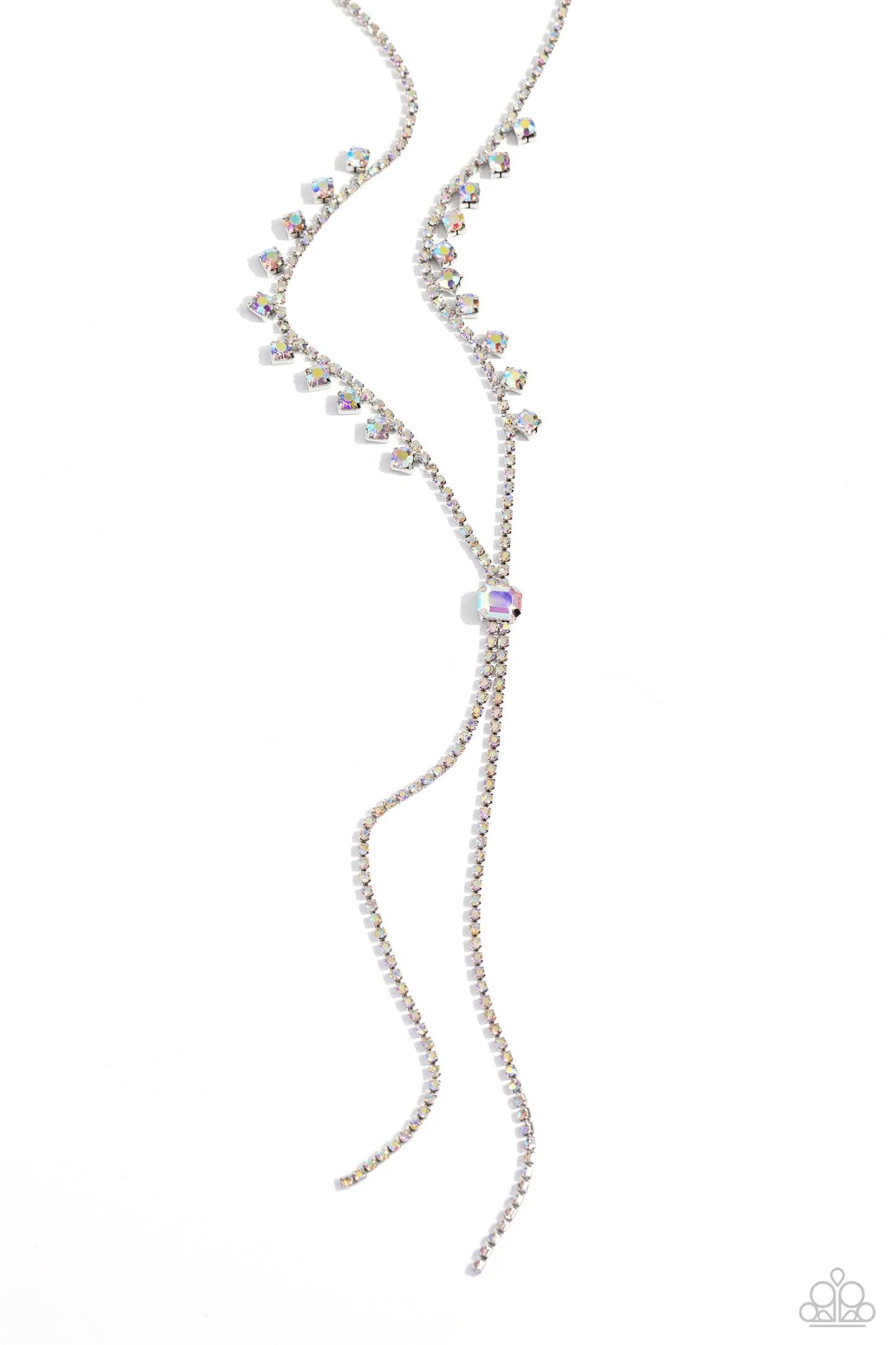 Synchronized SHIMMER - Multi Iridescent Rhinestone Paparazzi Lariat Necklace & matching earrings