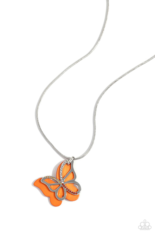 Detailed Dance - Orange Acrylic Butterfly/Silver Silhouette Pendant Paparazzi Necklace & matching earrings