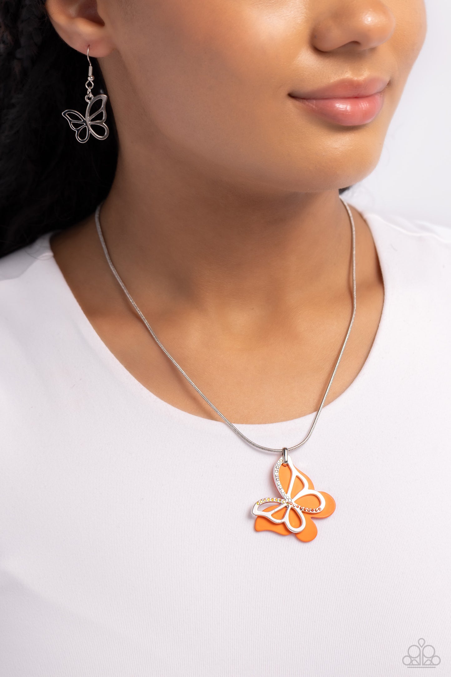 Detailed Dance - Orange Acrylic Butterfly/Silver Silhouette Pendant Paparazzi Necklace & matching earrings