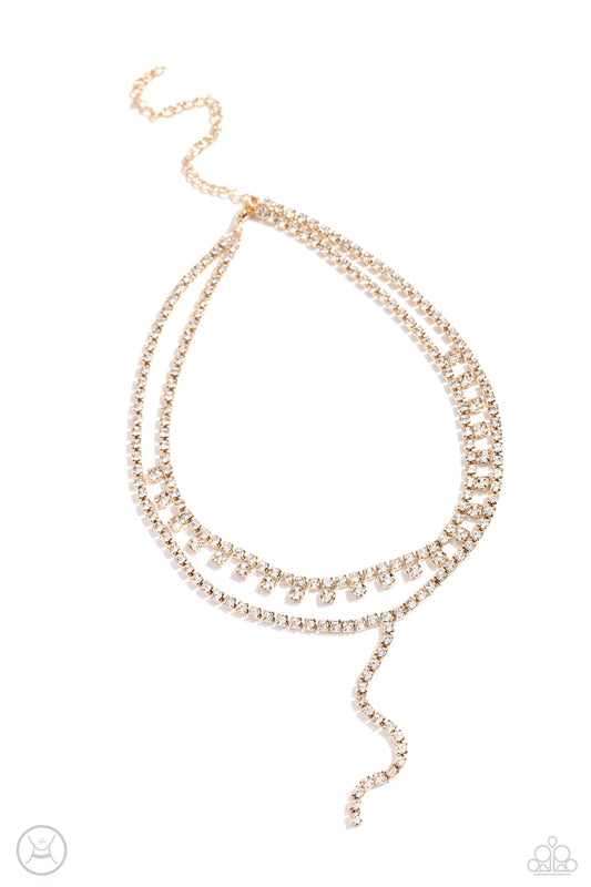 Champagne Night - Gold Square Fitting Chain/White Rhinestones Paparazzi Necklace & matching earrings