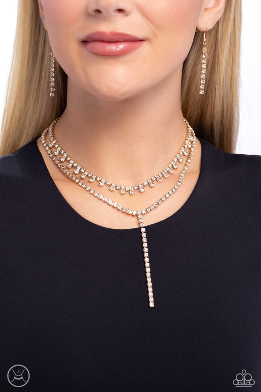 Champagne Night - Gold Square Fitting Chain/White Rhinestones Paparazzi Necklace & matching earrings
