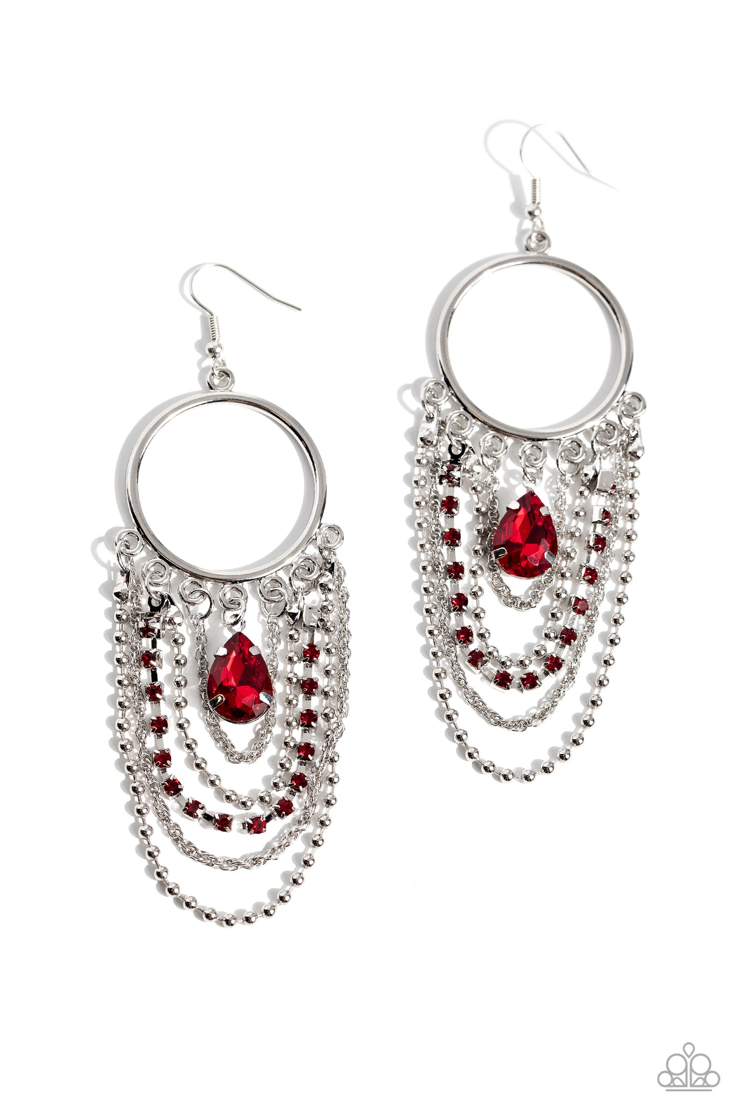 Cascading Clash - Red Rhinestones/Mismatched Silver Chains Paparazzi Earrings