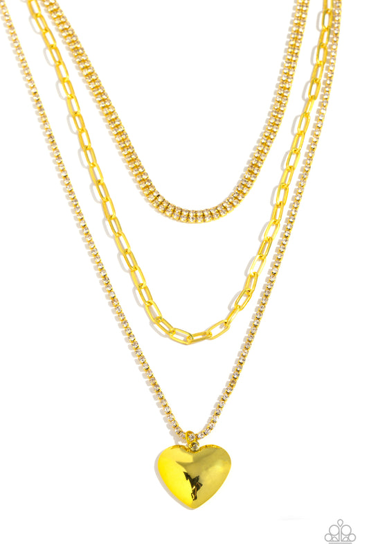 Caring Cascade - Yellow Metallic Chain/White Rhinestones/Yellow Heart Pendant Paparazzi Necklace & matching earrings